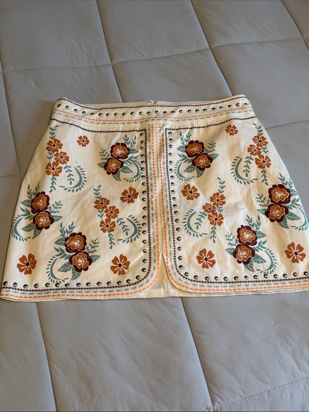 Ivory Floral Print Mini Skirt with Stud Trim